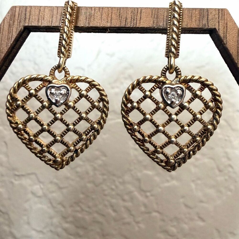 Vintage 925 Sterling Silver Gold Vermeil Openwork Heart Drop Earrings